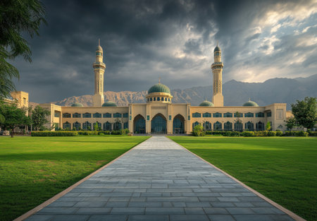 A photograph of the main building and minarets of the Al-Ahly Mosque in Abha, Saudi Arabia. There is green grass on both sides of the structure. The sky above has dark clouds. It's an early morning scene. --ar 22:15 --v 6.1 Job ID: 071f1c6b-a8f1-4e05-af0c-d8f69441d069の素材