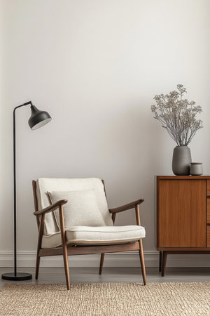 A cozy and comfortable single armchair with wooden legs, featuring soft fabric in neutral tones like beige or cream. The armrests of the chair should be made from natural wood to add warmth and texture. A sleek black floor lamp stands beside it on an empty white wall background. On one side is a vintage-inspired chestnut-colored dresser with simple decor items such as flowers or vases. This setting creates a modern yet inviting atmosphere for reading or relaxing. --ar 2:3 --v 6.1 Job ID: e2c0bf69-7dfa-4385-871f-4824f4005830の素材