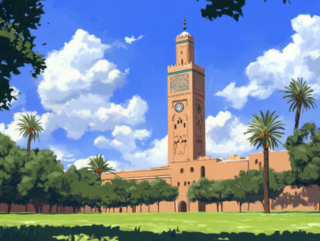 A mosque in the city of Marrakech, with a tall minaret and clock on top, surrounded by a green grass field with trees, against a blue sky with clouds. --ar 4:3 --v 6.1 Job ID: ec5b9655-0c9a-4b5b-84fc-7f5cc69c8f57の素材