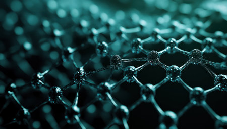 3D rendering of the structure of cells and molecules on a dark green background. Abstract science, biotechnology, or engineering concept with a microscopic cell network in close-up view. Stock photo contest winner, banner design, banner template. --ar 53:30 --v 6.1 Job ID: df31b373-4a92-4e04-8525-675f7a95bf77の素材