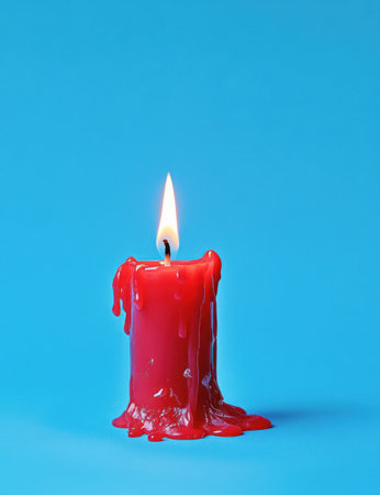 A red candle is burning on the left side of an isolated blue background, front view, close-up, simple and clean light blue solid color background, commercial photography, high-definition details, studio lighting, high resolution. --ar 23:30 --v 6.1 Job ID: 0e79b9b3-82af-44bc-b6aa-00b574cbd498の素材
