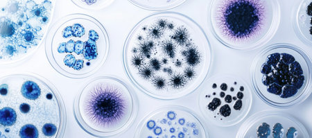 A collection of petri dishes containing different microorganisms, captured under the microscope with a white background. The petri dish on the left side contains bluish bacteria and purple moss, while those in the center feature various circular shapes including black spots or tiny cells. On the right is an entire cell within one round plate. High resolution, detailed. --ar 34:15 --v 6.1 Job ID: 03e9bae0-9bdf-41ed-bb1f-a7d4119c2929の素材