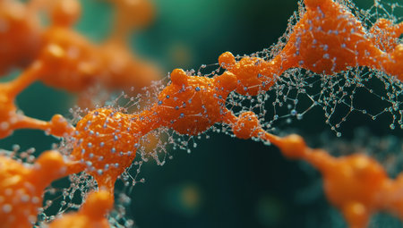 3D rendering of the structure of cells and molecules on a dark green background. Abstract science, biotechnology, or engineering concept with a microscopic cell network in close-up view. Stock photo contest winner, banner design, banner template. --ar 53:30 --v 6.1 Job ID: df31b373-4a92-4e04-8525-675f7a95bf77の素材