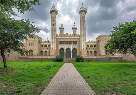 The Grand Mosque of Yemen, located in the city center, is captured in a wide-angle photograph. The scene features a grassy lawn with green trees on both sides of an open walkway leading to the entrance gate. Three tall minarets stand on each side of the building, against a cloudy sky. The architectural design showcases a beige and white color scheme. --ar 22:15 --v 6.1 Job ID: 4d1de0cf-619e-4e9f-ac0e-73523ee50841の素材