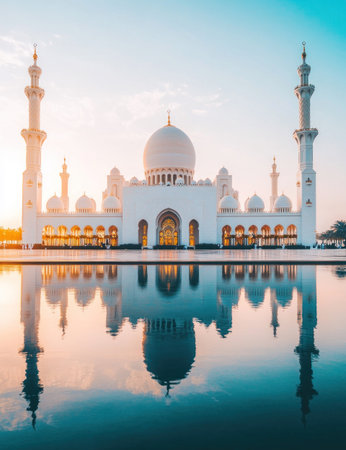 Sheikh Zayed Mosque, a mosque in the center of a white building with a reflection on the water at sunrise in the early morning light. The beautiful architecture of the city and ancient oriental buildings in a detailed architectural style, with a blue sky, clear sky, soft sunlight, and sun rays through the windows. This high-resolution photograph was taken with a Sony Alpha A7 III camera with an f/8 aperture setting. --ar 23:30 --v 6.1 Job ID: fc9c7bdf-0261-42c8-8cf2-854d349cce0aの素材