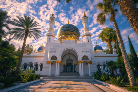 Photo of Tiger Blue Mountains vibes mosque in S fotorealistic, blue sky with clouds, palm trees, white walls and gold domes and minarets, blue dome, front view, wide angle shot, golden hour, shot on Sony Alpha A7 III --ar 3:2 --v 6.1 Job ID: f6f6a4d1-21c8-4bfd-b10f-8636e5c33c04の素材