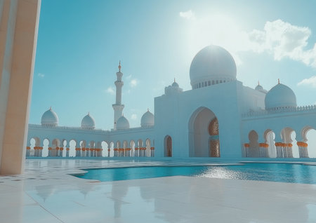 Photo of the Sheikh Zayed Grand Mosque in Abu Dhabi, featuring its white marble architecture against a blue sky. The wide-angle shot captures the grand scale and perspective of the building, with sunlight streaming in and creating reflections on the ground. The cinematic, beautiful scene showcases the architectural masterpiece in the style of the grand mosque's design. --ar 7:5 --v 6.1 Job ID: 95738108-bb43-4778-b179-efb45e7ecf30の素材