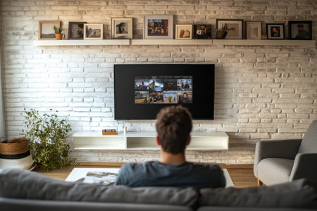 Photo of a man sitting on the sofa watching TV in his living room with friends and family. There is a white coffee table near him and a grey armchair against a light brick wall. A white wooden shelf behind the TV unit holds photo frames. The scene captures a casual yet cozy atmosphere as he watches an action movie or a funny show on television. The image is taken with a wide-angle lens in natural lighting. --ar 3:2 --v 6.1 Job ID: 57718f7b-00fb-4685-a936-c4fa4364474bの素材