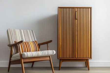 A wooden cabinet with slats and vertical lines, a striped cushion on the chair in front of it, against a white wall. Scandinavian interior design style. --ar 3:2 --v 6.1 Job ID: d263d391-ba1e-46cf-bd80-babcdbcbd8aeの素材