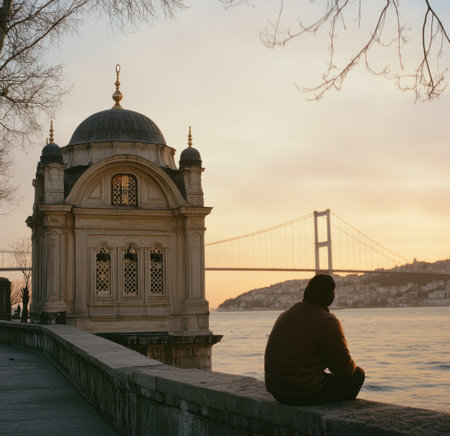 The serene beauty of the OrtakÃ¶y Mosque at sunset, with the Bosphorus Bridge in view. Captured in golden light, this high-resolution photograph was taken with the Hasselblad X2D 100C. --ar 31:30 --v 6.1 Job ID: 0a677b17-f4bd-49a8-acc3-15a8175a6701の素材