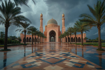 The majestic exterior of the city's mosque, bathed in golden light under a cloudy sky, stands as an icon for swampy tropical culture. Palm trees frame its grandeur against a backdrop of blue and green hues, while a symmetrical pattern on the floor adds to the architectural beauty. The scene captures the essence of Ramadan with soft lighting and a sense of tranquility, inviting viewers into his religious environment. Shot by Ansel Adams using Nikon D850, ISO 24-76, f/3.5-9 mm lens. --ar 3:2 --v 6.1 Job ID: 4291c666-9f4b-4af7-a266-0955fd07a145の素材