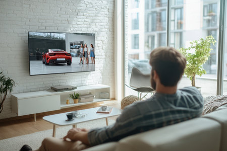 A man is sitting on the sofa in his living room, watching TV with friends or family. The television screen shows an advertisement for car maintenance and bodywork repair service with attractive young women standing next to their cars. In front of him, there's a white coffee table with two chairs around it. A white brick wall is behind them. Bright daylight streams in from large windows. The style is realistic photography with high resolution. --ar 3:2 --v 6.1 Job ID: 454dccbd-67d9-49cb-8820-9efd9368f436の素材