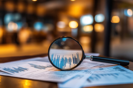 A magnifying glass hovers over financial charts and graphs on an office desk, representing stock market analysis or investment research in the style of business photography. The background is blurred to emphasize the focus on the chart data under the lens, creating depth and clarity. --ar 3:2 --v 6.1 Job ID: 3b033e2e-fcb6-4097-9bdd-6e688adaf7a9の素材