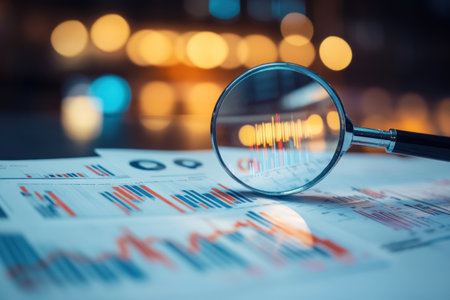 A magnifying glass hovers over financial charts and graphs on an office desk, representing stock market analysis or investment research in the style of business photography. The background is blurred to emphasize the focus on the chart data under the lens, creating depth and clarity. --ar 3:2 --v 6.1 Job ID: 3b033e2e-fcb6-4097-9bdd-6e688adaf7a9の素材