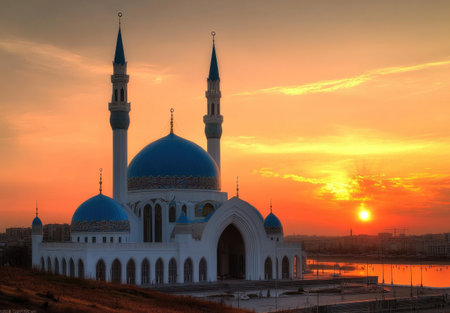 The Kul Sharif Mosque in Kazan, Tatarstan, at sunset, showcases the beautiful architecture of one of the most famous sights in the Russian city. The blue roof and white walls create an impressive contrast against the golden light of dusk. --ar 22:15 --v 6.1 Job ID: f9cd5179-706f-4f14-86da-15acc2257a59の素材