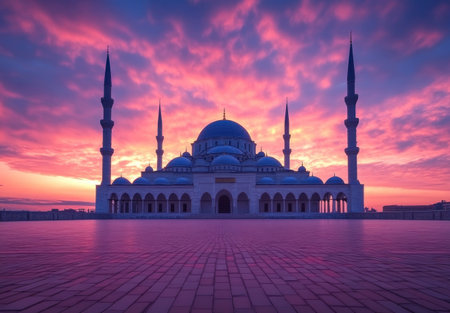 Photograph of a magnificent cityscape featuring the ornate white and blue colors of minarets and domes, a brick platform leading to a large mosque in Kazan City, a colorful sky at sunset, historical architecture, a serene atmosphere, architectural marvels, architectural photography, cityscape photography, urban photography, captured with a wide-angle lens and high-resolution camera, showcasing soft lighting and vibrant colors, highlighting the architectural beauty, historical charm, and cultural heritage of this majestic grandeur. --ar 43:30 --v 6.1 Job ID: 90eb676f-0c2e-4447-bee4-959f887797c9の素材