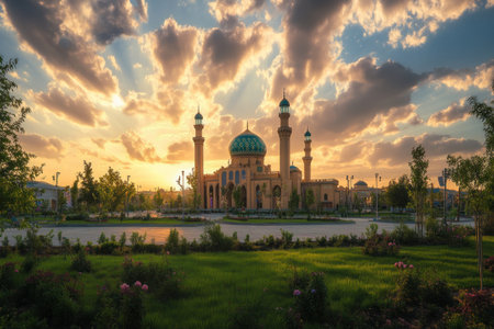 Elegant and colorful at the Edirne Cyber City, with its iconic silhouette against an expansive sky, showcasing two minarets and four domes of magnificent architecture, bathed in golden sunlight. The mosque stands as an icon of historical grandeur amidst lush green lawns under a dramatic sunset. The focus is on the face. --ar 3:2 --v 6.1 Job ID: 9548b0fd-0d54-4ba1-913f-f1f22783a115の素材