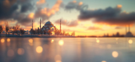 Panoramic view of Hagia Sophia at dusk, Istanbul, Turkey, in the style of Daniel Kordan. Captured with a panoramic lens, the image features an anamorphic bokeh effect, creating a beautiful composition. The soft light and sunset sky with clouds add to the serene atmosphere. --ar 32:15 --v 6.1 Job ID: 23aa41b2-e0e6-4d9f-809f-c278f05742e8の素材