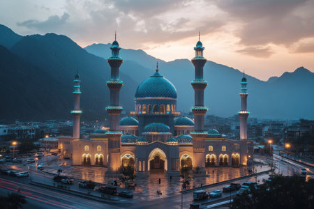 The grand mosque of develops in the city of Bullahoustic light at dusk with mountains behind it and cars around ,color photography, cinematography --ar 3:2 --v 6.1 Job ID: b527ba2f-cd68-42e1-9dcd-4952200032d7の素材