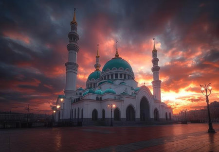 Beautiful mosque in Kazan, Tatar renowned for its architecture, with white and blue colors and green domes on the roof, golden minarets, in the historical city center with red brick streets, clouds at sunset, historical buildings, a detailed photo taken with a wide-angle lens and high-resolution camera, providing a wide-angle view and natural lighting, resulting in vibrant colors and a detailed photograph. --ar 43:30 --v 6.1 Job ID: 34d1b3f2-c661-4eb7-a98e-0a3d3a9b99f2の素材