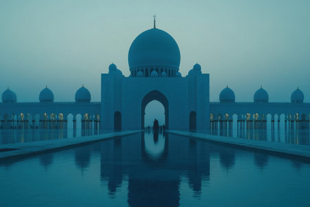 Photograph of the Grand Mosque in Abu Dhabi at dusk, with a reflection on the water during the blue hour, shot with a Canon EOS R5 at f/2.8. --ar 3:2 --v 6.1 Job ID: dd5e3297-e5d9-41c0-92bf-92d8fb049672の素材