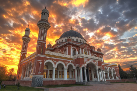 A beautiful mosque in Istanbul at sunset, with dramatic clouds and warm lighting, showcasing the majestic architecture of the New Islamic style. The photo captures its grandeur against an evening sky, highlighting intricate details like minarets and domes. --ar 3:2 --v 6.1 Job ID: 5e7279d0-4592-4d51-9cd6-a21dcfbc80c3の素材