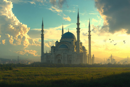 Cyberpunk-inspired style, a series of photographs depicting a grand, matte black and sand-colored mosque with three minarets in Istanbul, set against a blue sky, green grass, and dramatic clouds at sunset, captured through professional photography in the style of [Artist name]. --ar 3:2 --v 6.1 Job ID: 8c0e59fe-5366-43c9-9726-4f5633b0ba19の素材