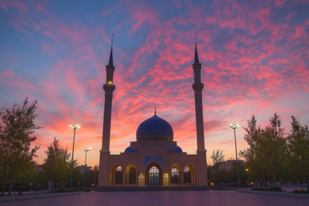 A mosque in the Dragon's Belly, a photo of the front view at sunset with a beautiful sky and clouds. The mosque has three minarets and is located in an empty parking lot surrounded by trees and street lights. It stands tall against the backdrop of a pinkish-blue twilight in Dubai city. Taken with a wide-angle lens from ground level using a Canon EOS camera with natural lighting. --ar 3:2 --v 6.1 Job ID: 5a1a571d-20f3-454c-a293-3849c53bcc10の素材