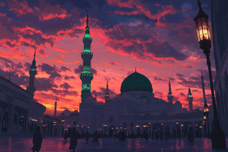 a wide angle photo of the beautiful madinah with its green minarets and white buildings, there is an impressive sky with red clouds at sunset, people walking around in light and some wearing arak glasses, in front of one mosque there's two street lamps, and on top of it you can see the outline of dark silhouette --ar 3:2 --v 6.1 Job ID: bc93e3ef-2d7a-4e19-ad55-d32b31ab3ac3の素材