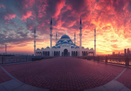 Photograph of a magnificent cityscape featuring the ornate white and blue colors of minarets and domes, a brick platform leading to a large mosque in Kazan City, a colorful sky at sunset, historical architecture, a serene atmosphere, architectural marvels, architectural photography, cityscape photography, urban photography, captured with a wide-angle lens and high-resolution camera, showcasing soft lighting and vibrant colors, highlighting the architectural beauty, historical charm, and cultural heritage of this majestic grandeur. --ar 43:30 --v 6.1 Job ID: 90eb676f-0c2e-4447-bee4-959f887797c9の素材