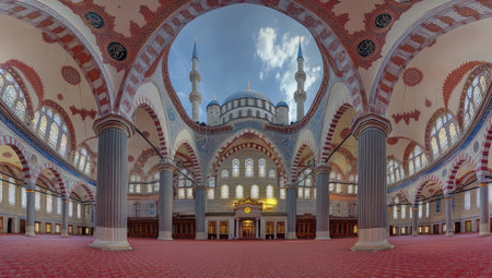 Photo of Istanbul's Blue Mosque from the inside, with blue sky and white clouds in the background. A wide-angle photo showing all four minarets of the mosque. The mosque is decorated with arches, columns, domed roofs, tall spires, arched windows, turrets, and a massive central dome. It has an impressive appearance that adds to its beauty and charm, captured by professional photographers. --ar 53:30 --v 6.1 Job ID: cb91271e-a276-481e-afa2-90ac53b63855の素材
