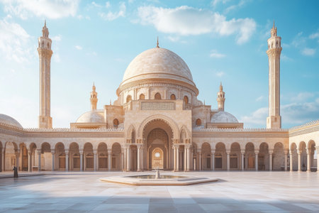 A beautiful mosque in the center of an ancient Egyptian square, with white columns surrounding it and arches behind them. The dome is made from beige plaster and has a blue sky in the background. There's also a fountain on one side of the exterior. It seems to be an old building that was once used for worship or community activities. In front, there's some space where people can stand around talking. Photorealistic, in the style of Canon EOS R5. --ar 3:2 --v 6.1 Job ID: 52ca2f13-2c89-4581-abae-083fff390862の素材