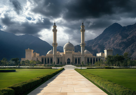 A photograph of the main building and minarets of the Al-Ahly Mosque in Abha, Saudi Arabia. There is green grass on both sides of the structure. The sky above has dark clouds. It's an early morning scene. --ar 22:15 --v 6.1 Job ID: 071f1c6b-a8f1-4e05-af0c-d8f69441d069の素材