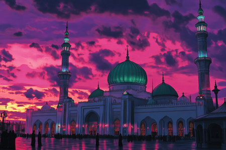 A beautiful view of the majesticishing exterior with its green dome and white minarets at dusk, as people gather for I Lodhil Sh(password Lynx ef baff gypsum gustful ISide MosqueLighting CWINDOWS study A panoramic shot capturing The serenity around Mecca's grand". Red sky with purple clouds in background, --ar 3:2 --v 6.1 Job ID: 8bc28b8d-c174-4c49-897e-1f84a4f15ad3の素材