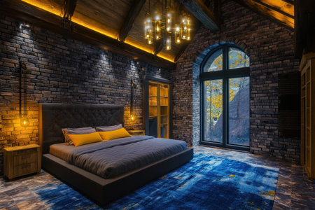 A large bedroom with high ceilings, the walls of which are made from dark gray bricks and wood. A bed stands in front of it on top of an old blue carpet, with lighting above it, in a modern interior design style. There is a window with bright sunlight coming through, and yellow accents, in a photo-realistic style. --ar 3:2 --v 6.1 Job ID: 6544aed2-6f84-46a5-8db3-191908dbb79fの素材