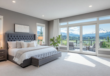 Master bedroom in a luxury home with gray walls, a large bed, white carpet, and floor-to-ceiling windows overlooking the mountains of Oregon. The room also has an open balcony door leading out onto a patio area. --ar 22:15 --v 6.1 Job ID: c45271b0-f455-438b-a6e6-a08aa9a0a37aの素材
