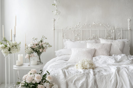 White background, bright bedroom with a bed and nightstand decorated in the style of Scandinavian design, flowers on the table, and candles. --ar 3:2 --v 6.1 Job ID: 2d99b5c7-5102-48c7-acac-ec589b4e51feの素材