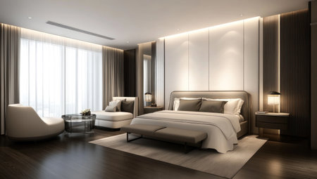 Modern minimalist bedroom with a bed, sofa, and side tables. Minimalist interior design of a modern home or hotel room. White walls and a dark wooden floor. --ar 53:30 --v 6.1 Job ID: af7db1e7-6fbd-4602-bb1d-d3622c4371e6の素材