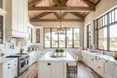 A rustic farmhouse kitchen with white cabinets, an island in the center of the room, and wood beams on the ceiling. A large window on one side showing an outside view. Light oak wooden floors. White marble countertops at the backsplash wall behind the stovetop oven. Recessed lighting fixtures hanging from the high ceilings. The walls are a light grey, and the color palette throughout the interior is tan. --ar 3:2 --v 6.1 Job ID: bd87bcda-a239-42af-a429-b856c7980f0cの素材