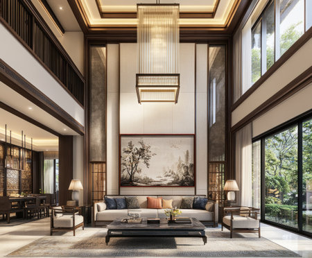Modern high-end villa living room in the style of Chinese design, featuring a double-height space with two large floor-to-ceiling windows on either side. A sofa is placed against the wall, with a coffee table in the center of the space. Decorative paintings hang above the sofa, and the ceiling is adorned with wooden beams. A modern chandelier illuminates the spacious interior, which is filled with natural light streaming through the windows. The color palette is warm and inviting, creating a cozy atmosphere. --ar 6:5 --v 6.1 Job ID: 1347fff7-65a9-4fc0-9135-a3816398c3beの素材