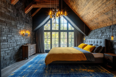 A large bedroom with high ceilings, the walls of which are made from dark gray bricks and wood. A bed stands in front of it on top of an old blue carpet, with lighting above it, in a modern interior design style. There is a window with bright sunlight coming through, and yellow accents, in a photo-realistic style. --ar 3:2 --v 6.1 Job ID: 6544aed2-6f84-46a5-8db3-191908dbb79fの素材