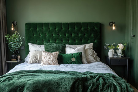 Dark green bedroom with a bed, a velvet headboard, and metal bedside tables with lamps. --ar 3:2 --v 6.1 Job ID: 141f6146-90bb-434c-9da7-5eb4ec3cda41の素材