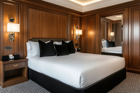 A modern bedroom with wooden panels on the walls, a white bed with black pillows, bedside tables with lamps, and a mirror above it. --ar 3:2 --v 6.1 Job ID: c38f9309-d841-4799-8879-299be936d2a9の素材