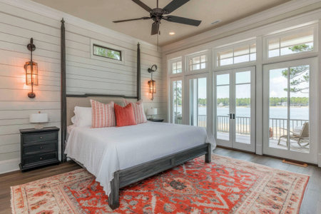 A bedroom in the style of classic coastal architecture: a large four-poster bed with white linens and coral-colored pillows, shiplap walls painted light grey, a red patterned rug on wooden floors, two windows above French doors that open to a patio overlooking the water, a ceiling fan with black wood accents, and warm lighting from wall sconces. The overall aesthetic is modern yet rustic. --ar 3:2 --v 6.1 Job ID: eb88b72e-89d1-4b8e-b2b7-4b4344d04797の素材