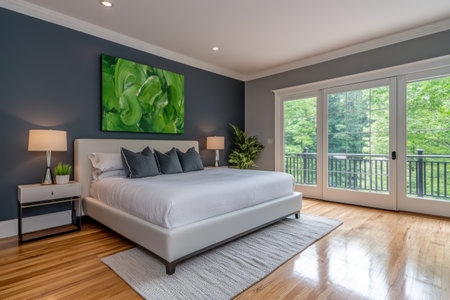 Photo of a large bedroom with a dark blue wall, a white bed and headboard, gray walls, a green abstract painting on the wall, glass doors in the background, wooden floors, and modern furniture. Interior design photography. --ar 3:2 --v 6.1 Job ID: 413f8912-32ab-47af-9c00-bfa670ba1312の素材