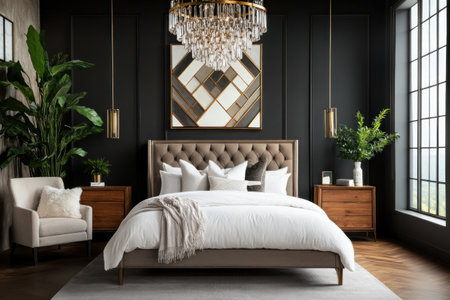 A stylish bedroom with dark gray walls, gold accents on the chandelier and bed frame, gray carpet flooring, white pillows and blanket, geometric wall art above the headboard, wooden floor, natural light from large windows, modern furniture including an armchair and side table, plants in vases for greenery decor. --ar 3:2 --v 6.1 Job ID: 8d631af8-964e-48f3-a487-7d2e9659a993の素材