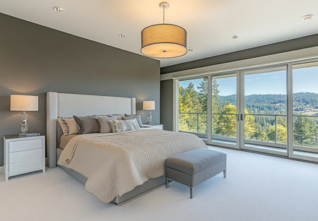 Master bedroom in a luxury home with a view of the Oregon mountains. Gray walls and white carpet, a large bed with a beige comforter, modern pendant light fixtures above the headboard, a small gray chair at the foot of the bed, glass sliding doors leading to a balcony overlooking forested hills, a white nightstand on each side of the large bed, and a large window behind the bed showcasing beautiful views over the hillside. --ar 22:15 --v 6.1 Job ID: fe637b61-905b-4615-9182-8eac714699ffの素材