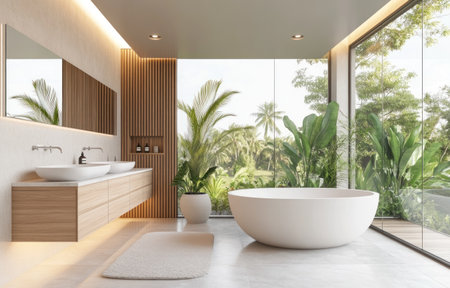 A modern bathroom with a minimalist style, featuring white and wood accents. The left wall has a double sink, and an oval-shaped bathtub is positioned in front of it. A large window overlooks a tropical landscape, and glass walls allow for natural light. The space has neutral tones with wooden elements, and soft lighting from ceiling lights and lamps creates a serene atmosphere. The contemporary design elements contribute to an overall tranquil ambiance, captured in high-resolution photography. --ar 47:30 --v 6.1 Job ID: caa8f754-bd8a-495c-9050-f7170f522b65の素材
