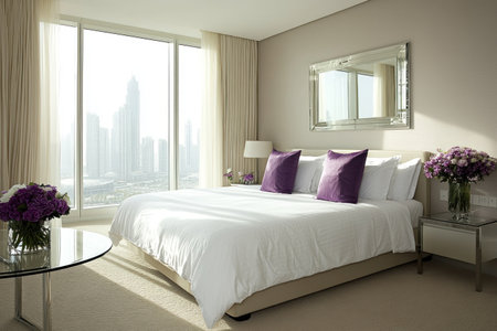 A modern bedroom with a white bed, beige carpet, and purple pillows. A large window showcases the cityscape outside. A small glass table stands beside the bed, adorned with vases of flowers. The room is well-lit by natural light from the large windows on one side. There is an empty wall above the bed that can be used for artwork or decoration. On another wall, a full-length mirror hangs, adding to the minimalist yet elegant feel of the space. --ar 3:2 --v 6.1 Job ID: 272aafdf-4df8-4e8d-994d-208a96eeaa8aの素材