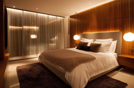 A modern bedroom with an elegant wooden closet, featuring glass doors and built-in storage space for and accessories. The room features a modern interior design style with warm lighting. The room includes a large bed with soft pillows and a dark brown rug on the floor, creating a cozy atmosphere. --ar 23:15 --v 6.1 Job ID: 608c8e83-faca-4612-8ff4-47338bab5d76の素材
